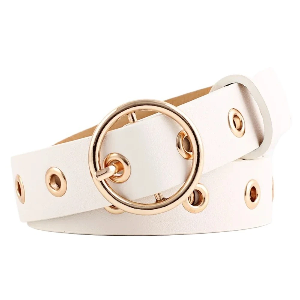 

White Women Belt Golden Round Buckle Fashion Leather Belt for Women Black Ladies Belts for Jeans Holes Blue Beige New Fashion