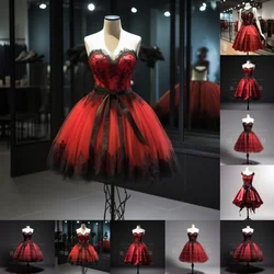 Red and Black Lace Edge Applique Short Length Lace Up Evening Dress Formal Occasion Elagant Clohing Hand Made Custom W1-2