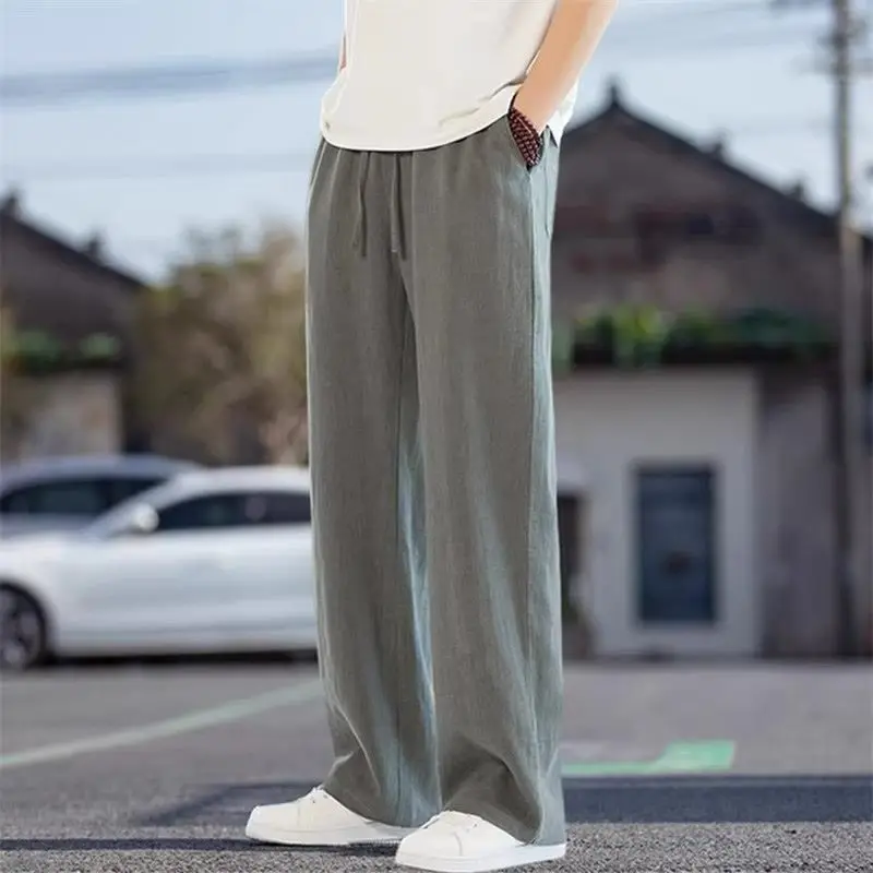Calça japonesa retrô de linho de cor sólida masculina verão respirável solta calça casual esportiva