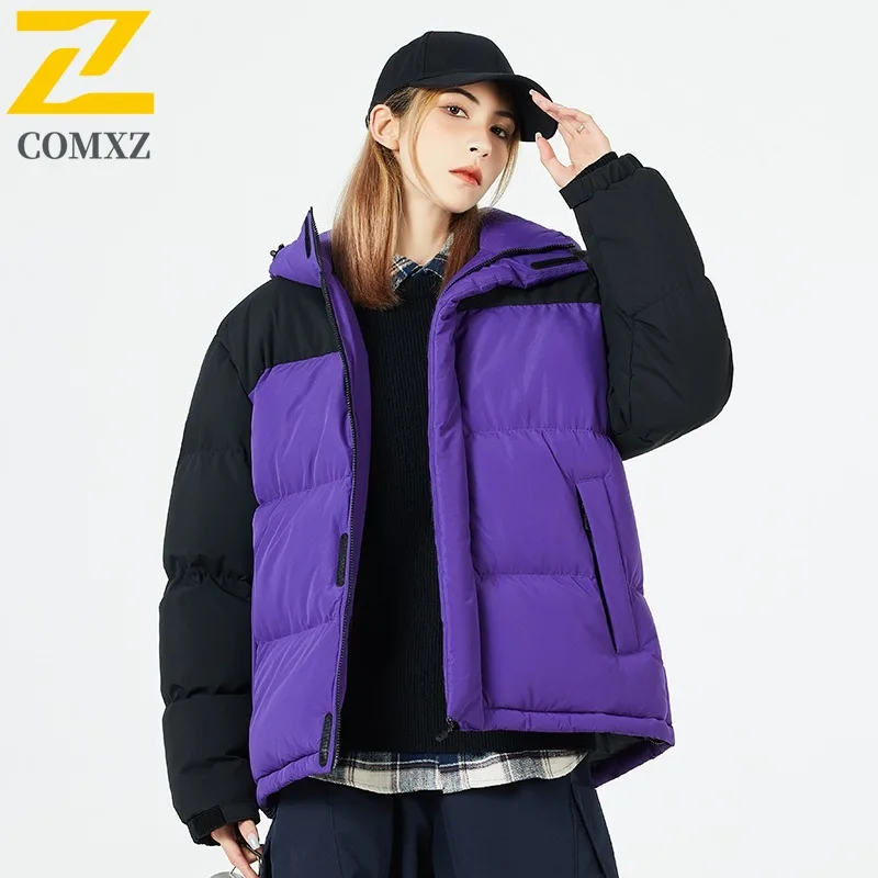 COMXZ 2025 رجل إمرأة كتلة اللون سترة منفوخة شتاء دافئ عصري زوجين معطف الترفيه الرياضة في الهواء الطلق سترة واقية خفيفة الوزن
