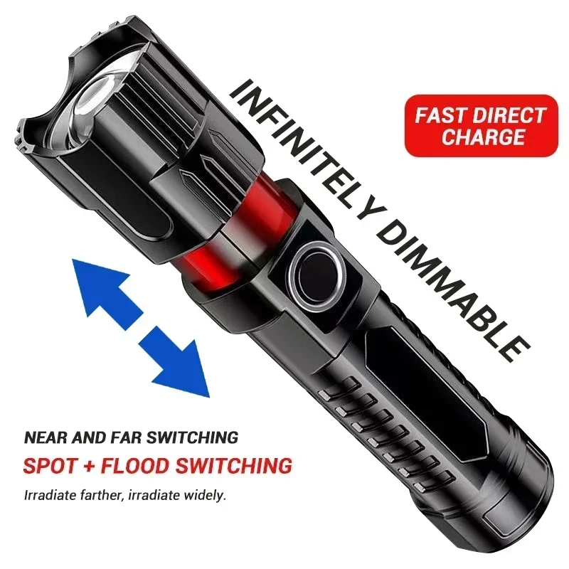 High Strong Power Led Flashlights Tactical Emergency Spotlights Telescopic Zoom Built-in Battery USB Rechargeable Camping Torch