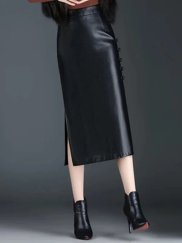 Y2K Leather Skirt Women Black High Waist Hip Hugging Split Pu Straight Tube Slimming Midi
