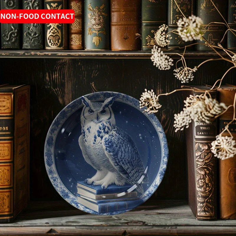 1pc Blue White Owl Ceramic Decorative Plate Nordic Home Wall Art Non-Food Use Hanging Display Dish Suitable for Jewelry Trays,