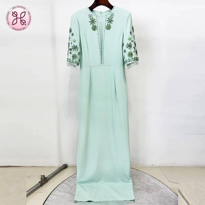 2025 Mint Green Evening Gown - Sheer Panel Beaded Long Sleeve Maxi (Women's Luxury Formal Dress)