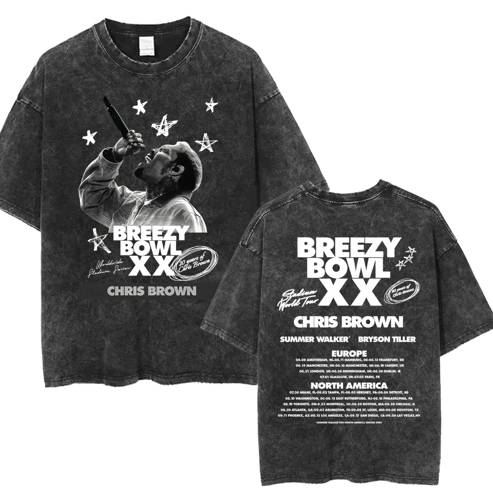 

Крис Браун Breezy Bowl XX Concert Tour Washed футболки винтажные хип-хоп готические женские и мужские негабаритные хлопковые футболки для фанатов подарок