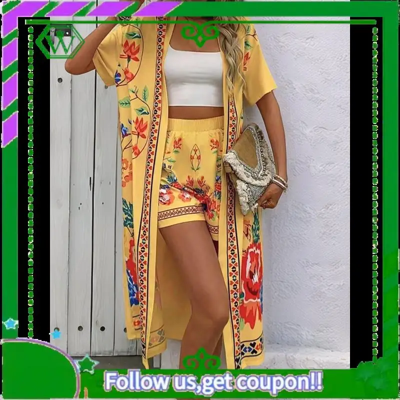 

A18P-женское кимоно больших размеров с цветочным принтом в стиле бохо и короткими рукавами — верхняя одежда с открытой передней частью и шорты, летняя одежда из двух предметов