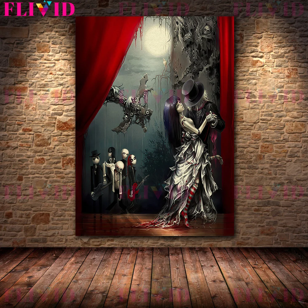 Horrible Puppet Stage Play And Succubus Vintage Wall Art Canvas Painting Elven Queen And Skeleton Art Poster Print Home Decor
