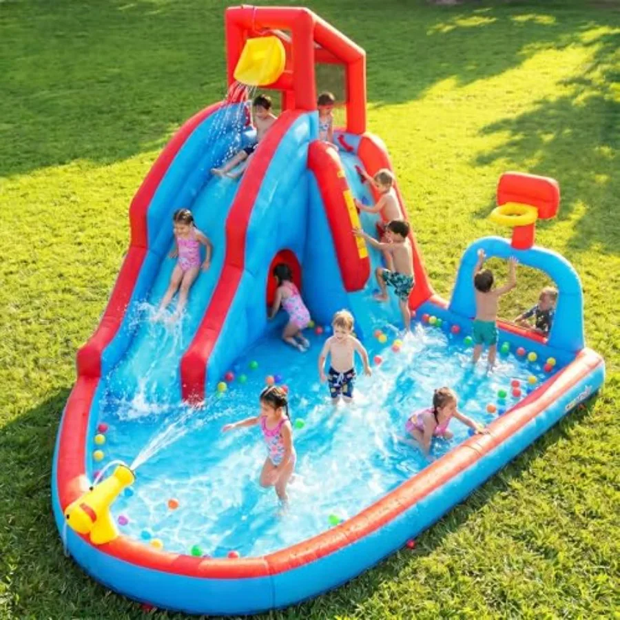 

Backyard outdoor water slide inflatable bounce house park for kids: PVC material, blue and yellow, with climbing wall, long sli