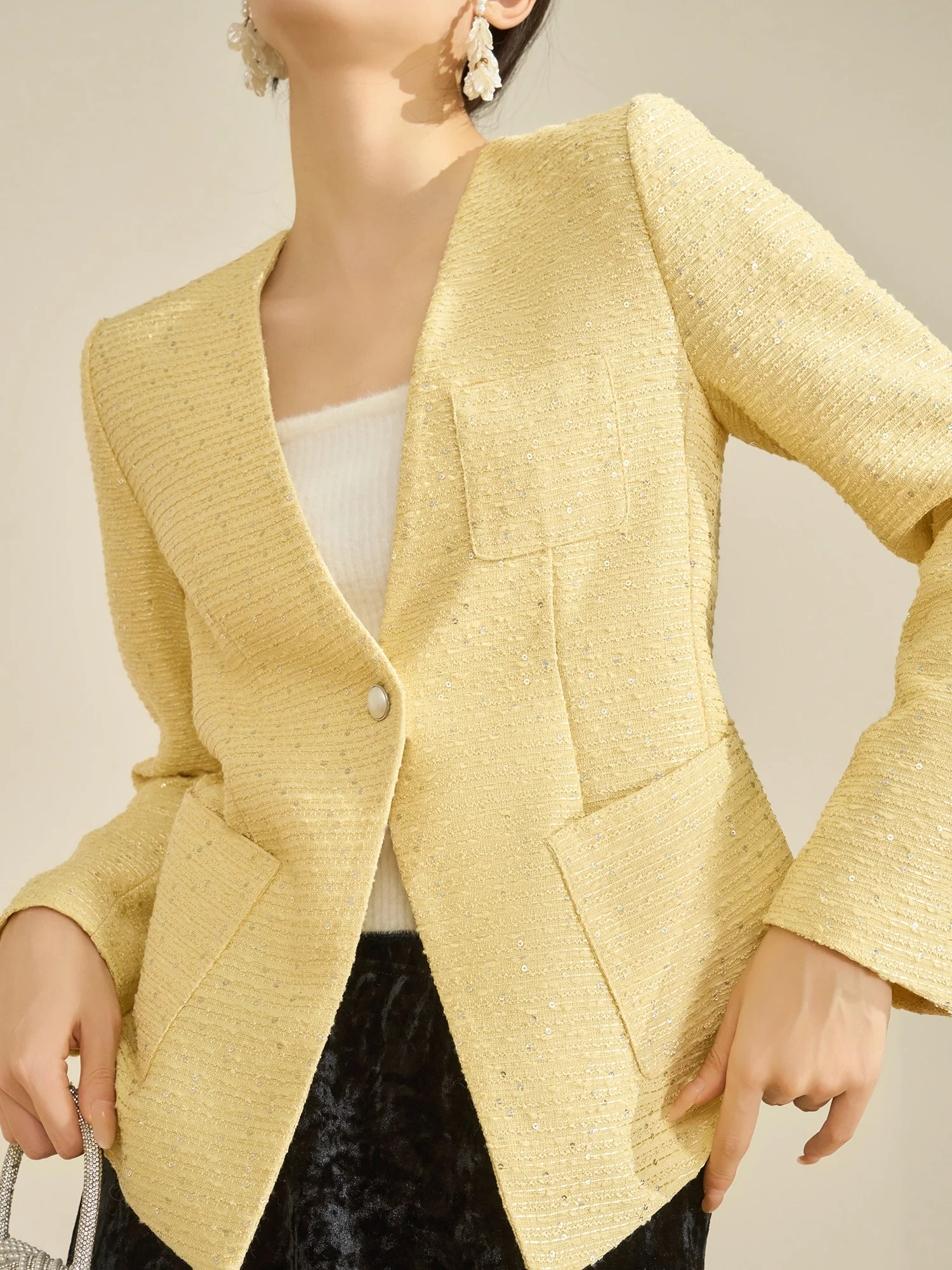 

Yellow One Button Small Fraance Sle Suit Jaet 2026 New ular Flowing Era Women's Casual Faion Polyester Fiber