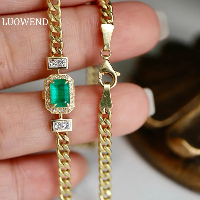 LUOWEND 18K Yellow Gold Necklace Classic Design Cuban chain Natural Diamond Natural Emerald Necklace High Women's Party Jewelry