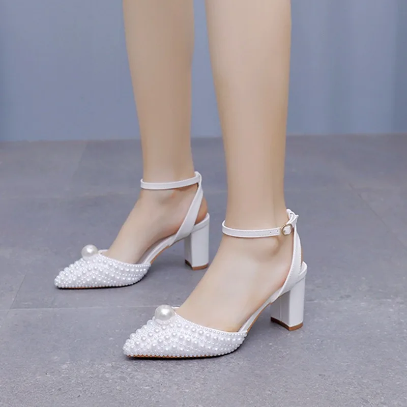 Women's Sandals Spring and Summer Pointed Toe Buckle Strap White Pearl Bride Wedding 7CM High Heels Sandals Elegant Woman Shoes