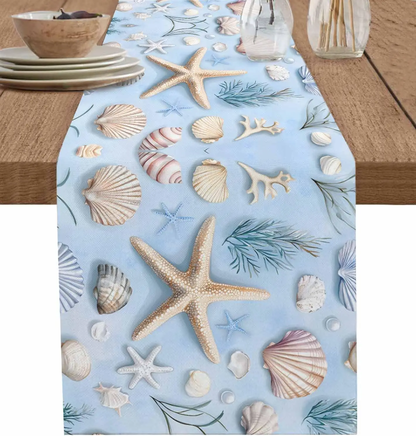 Blue Summer Beach Coastal Starfish Linen Table Runner Dresser Scarves Decor Farmhouse Kitchen Table Runner Holiday Party Decor