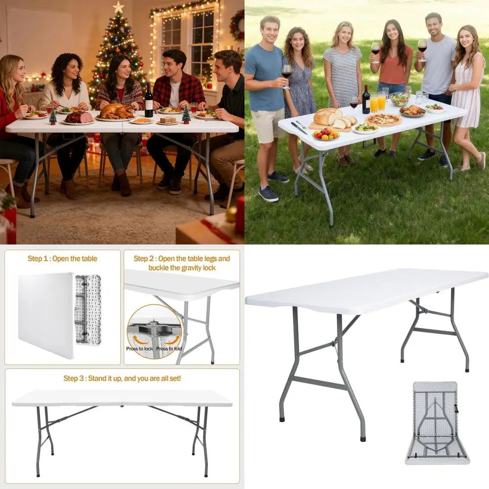 

Portable Heavy-Duty Folding Table for Indoor and Outdoor Use, Ideal for Parties, Camping, BBQs, Easy Storage, No Assembly Needed