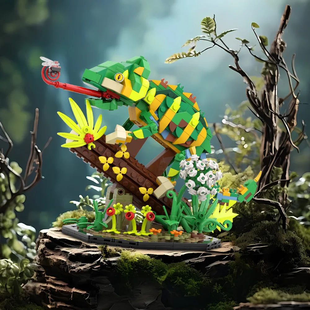 MOC Stealth Chameleon Model Building Blocks Eats Pests Reptile Design Insect Botanical Ornament Assemble Bricks Toys Adults Gift