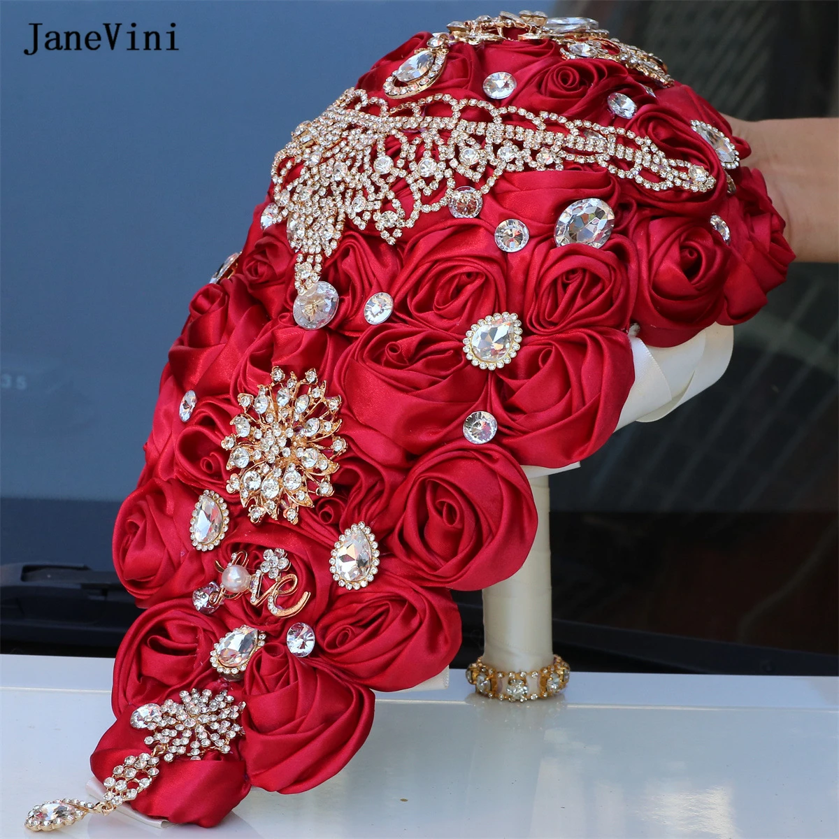 JaneVini New Burgundy Wedding Flowers Waterfall Bridal Bouquets Bling Crystal Artificial Satin Roses Cascading Bouquet for Bride