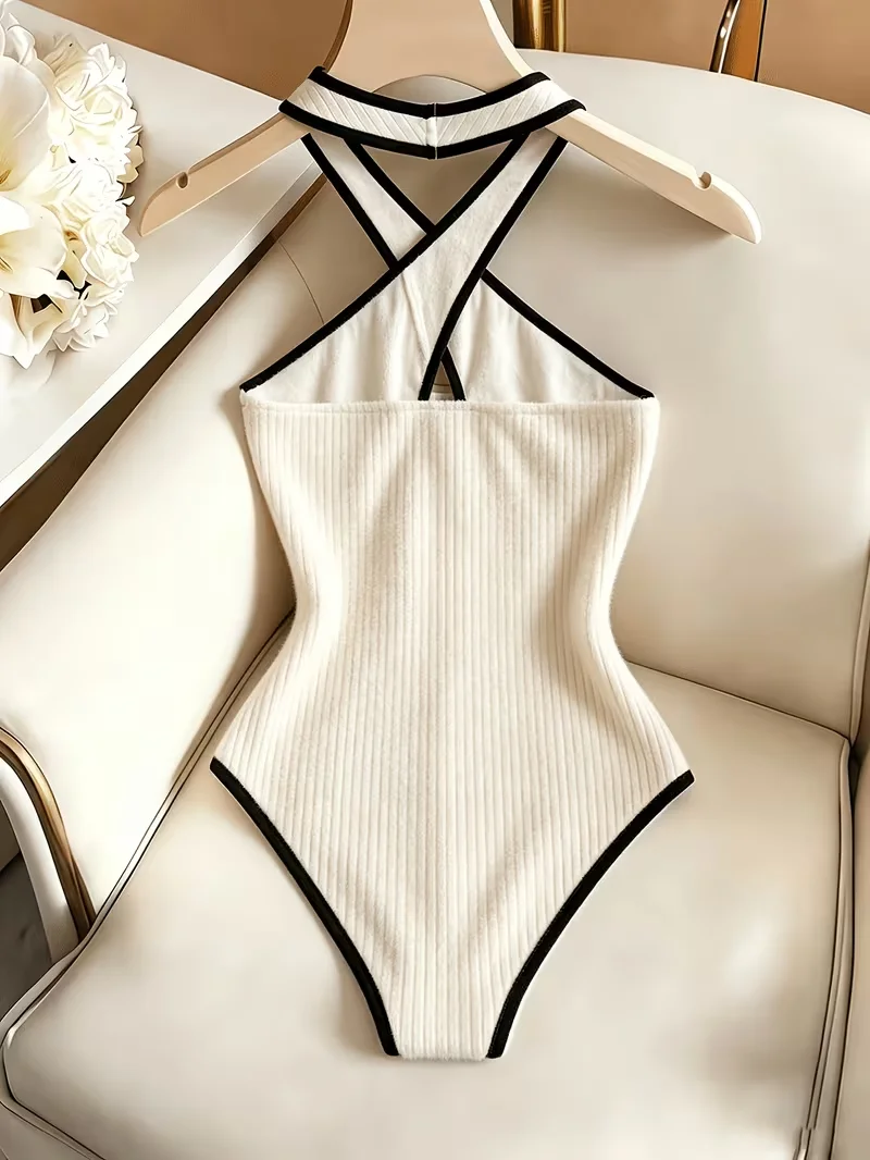 Women Elegant Ribbed Bodysuit Crisscross Halter Cutout Bodycon Jumpsuit Contrast Binding Slim Fit Basic Fashion One Piece Top