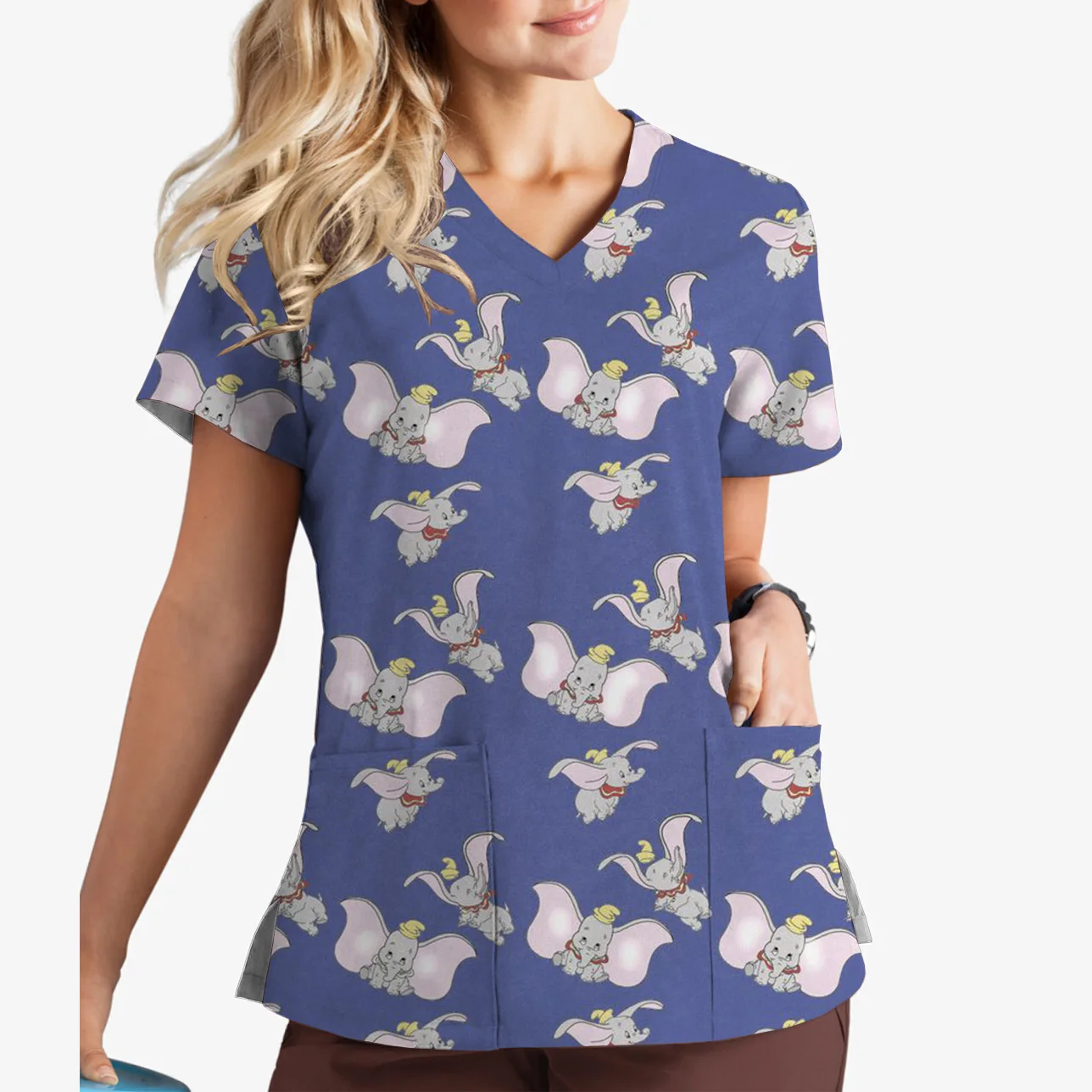 2025 New Dumbo Cartoon Pattern Print V-Neck Print Scrub Top Women's Nurse Uniform Hospital Dental Work Uniform