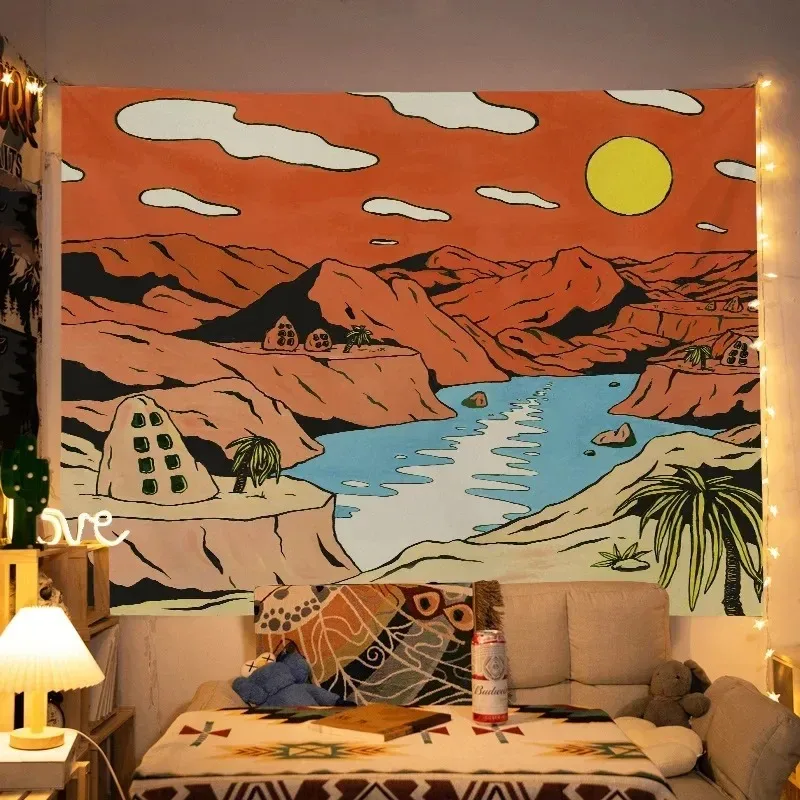 VIKAMA Desert Sunset Tapestry Boho Canyon Landscape Wall Hanging with Lake Palm Trees Art for Bedroom Living Room Home Decor