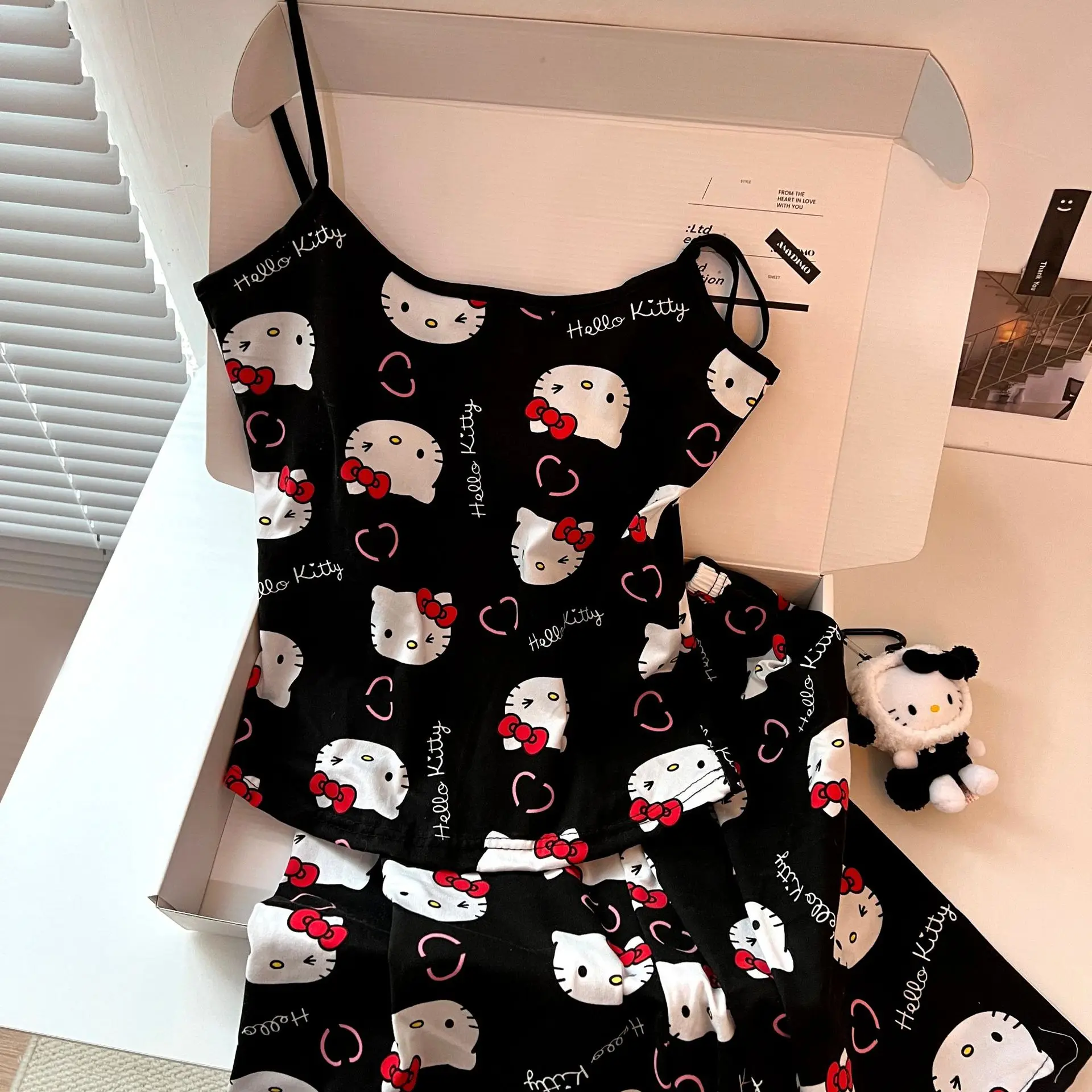 سانريو مرحبا كيتي بيجامة البدلة حبال فتاة طالب الصيف الكرتون القطن الخالص تي شيرت Y2K kawalismo مع وسادة الصدر هدية حلوة #1