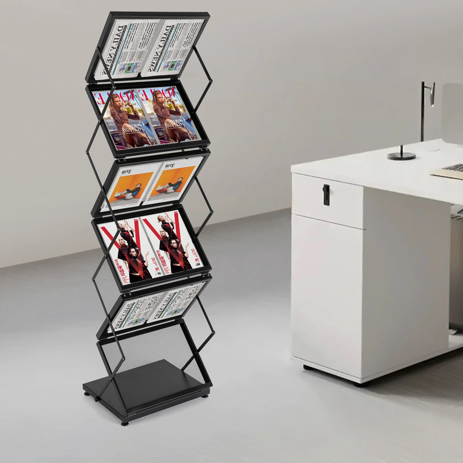 6-Tier Foldable Carbon Steel Magazine Display Stand with Double Sided Shelves and Anti-Slip Footpads for Office Bookstore Bank Library School Organization