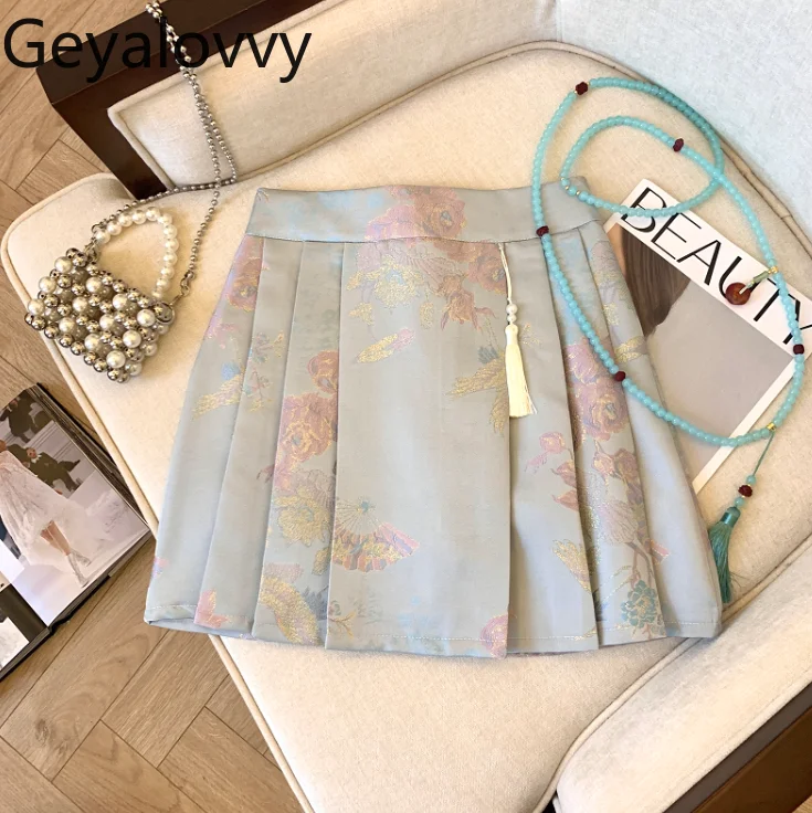 

Summer New Chinese Style Satin Jacquard Horse-Face Pleated Mini Skirts Sweet Cute Girl High Waist Short Skirt for Women
