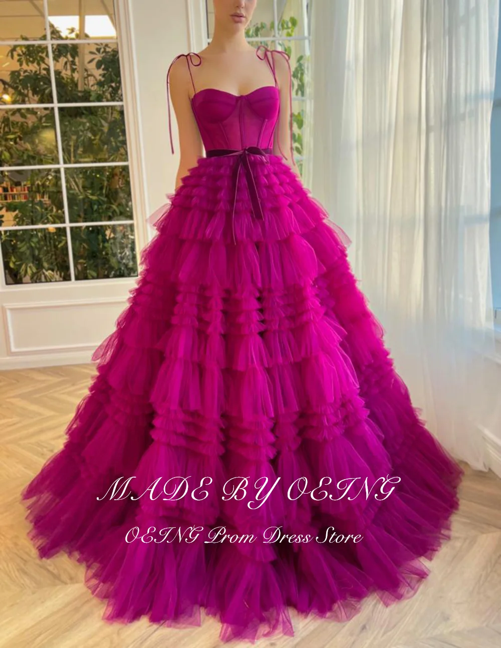 OEING Fucsia a-line abiti da ballo fata principessa Spaghetti Strap scollo a V Tulle abito da sera a strati abito formale Vestidos De Novia