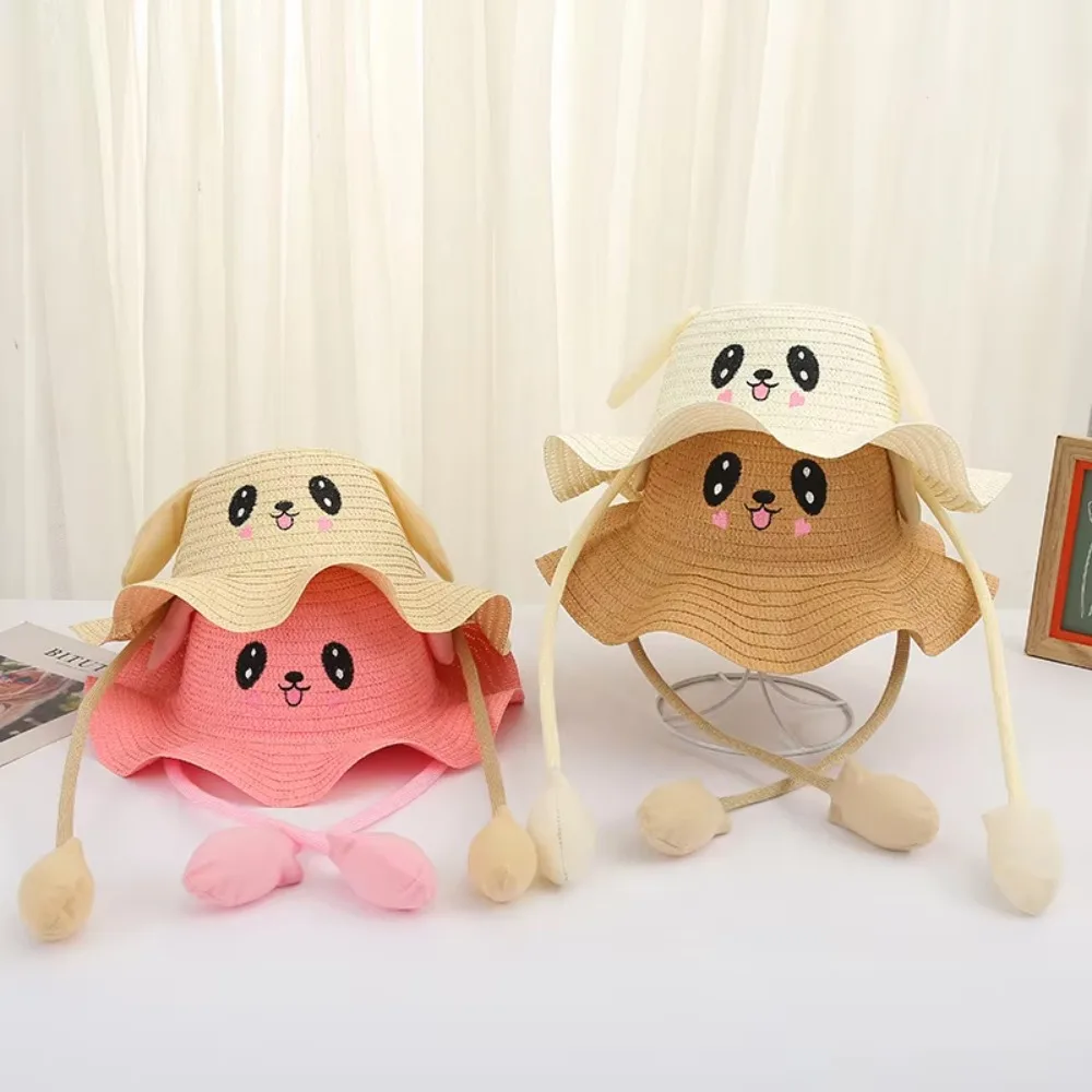 

Multifunctional Wide Brim Rabbit Straw Hats Moving Ears Breathable Sun Hat Sunscreen Bucket Cap Summer Girls Boys