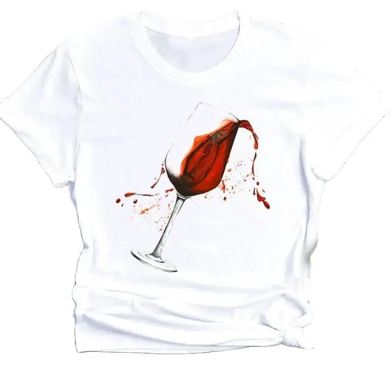 New Women's Color Wine Glass Women's Print A Generation of Hair Base Shirt Trend Aesthetic Tops Graphic T Shirts Vintage Tee