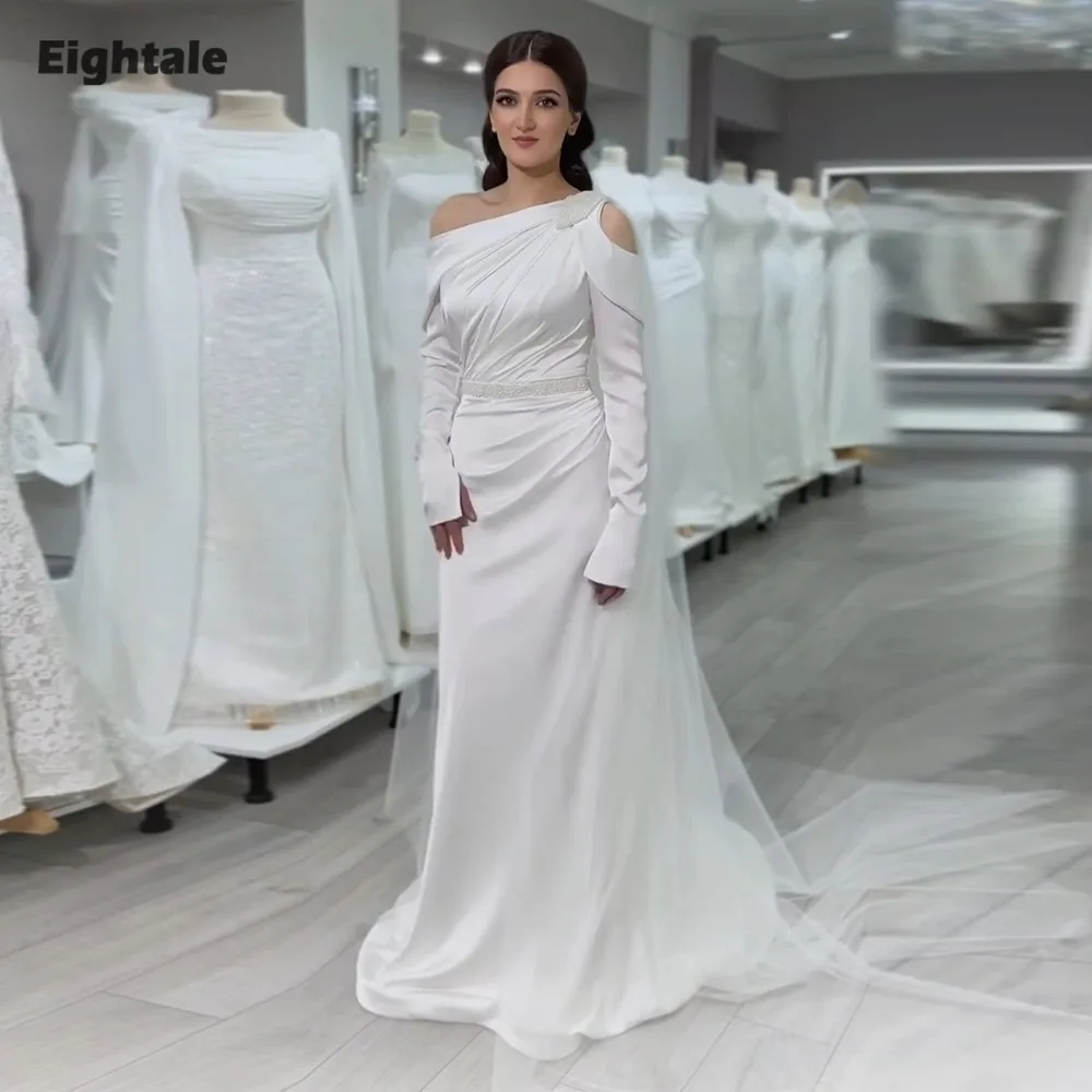 

Eightale Arabic Wedding Dresses Beaded Customized Long Sleeve White Ivory Mermaid Satin Bridal Gowns Vestidos De Novia