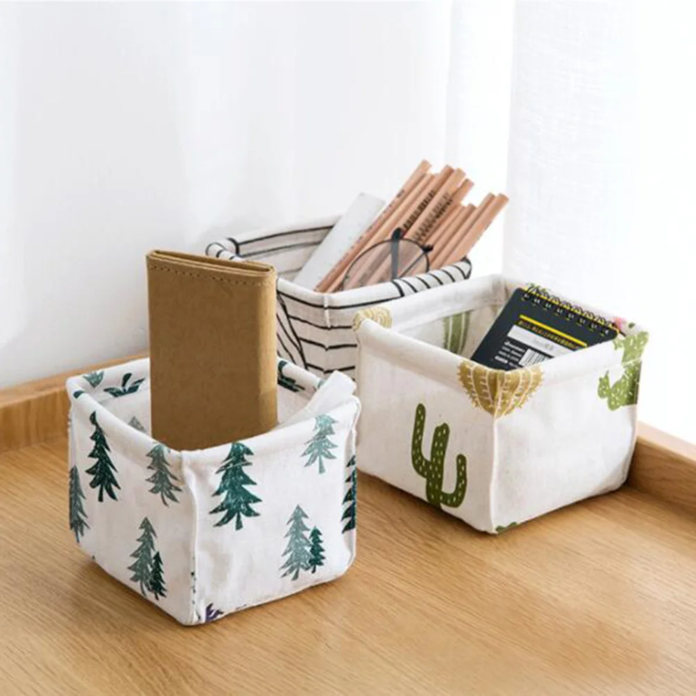 3pcs Cotton and Linen Storage Box Desktop Storage Basket Stationery Cloth Organizer (Rhombus Stripe + Cactus + Pine Each 1pc)