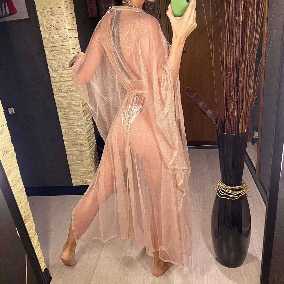 Neue sexy glitzernde transparente Tunika aus Netzstoff, Strand-Cover-up, Strandkleid, Strandmode, Damen V3217 – Detail 9