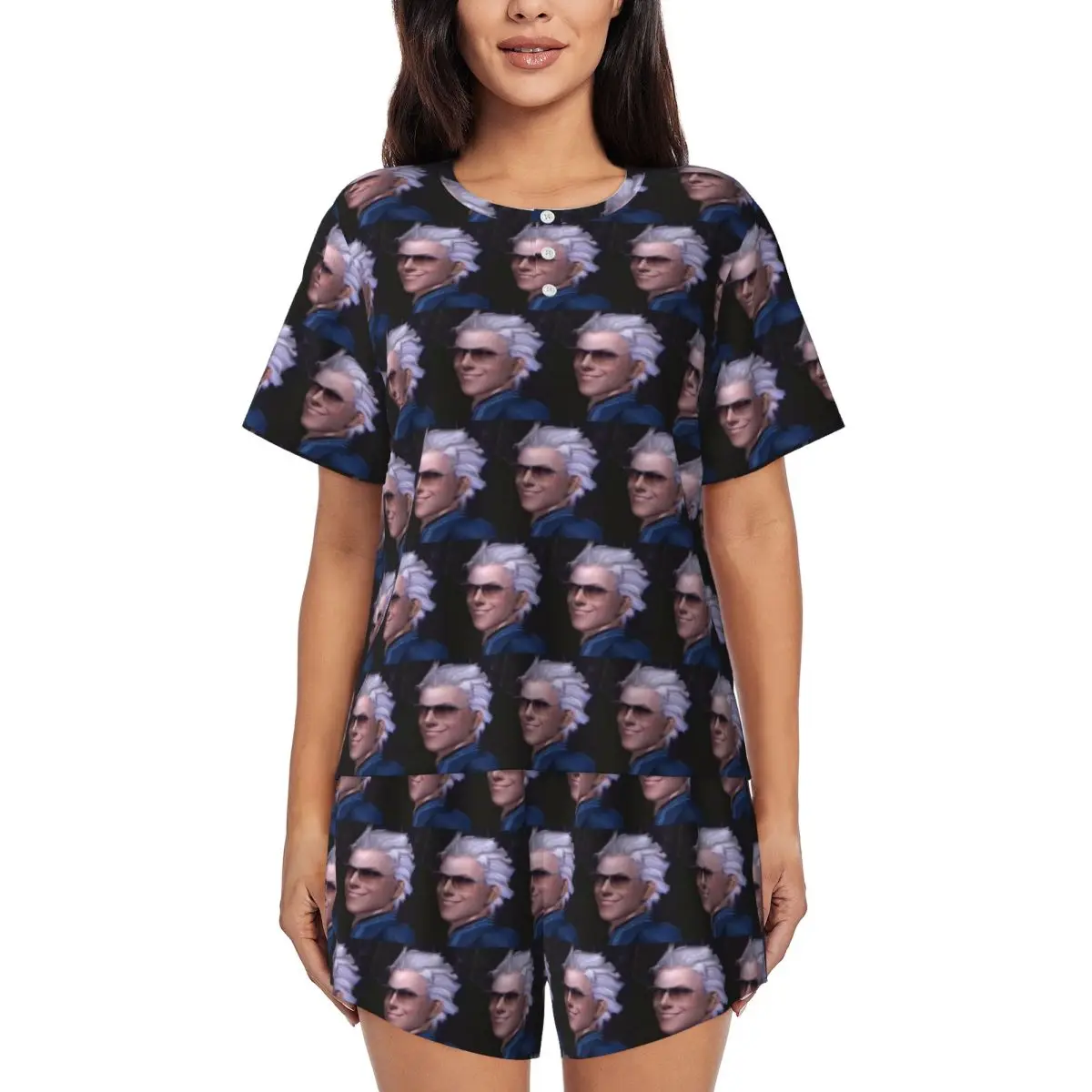 

Vergil From The Devil May Cry Seri Round Neck Short Sleeves Nightdress for Sleeping Women Soft Pajama Set Short Pants