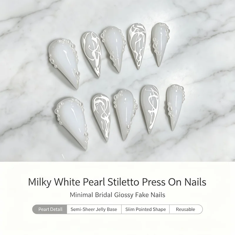 2026New 10PCS Handmade Cream White Fake Nails Abstract Streaks Pearl Embellished Reusable Stiletto Press On Nails