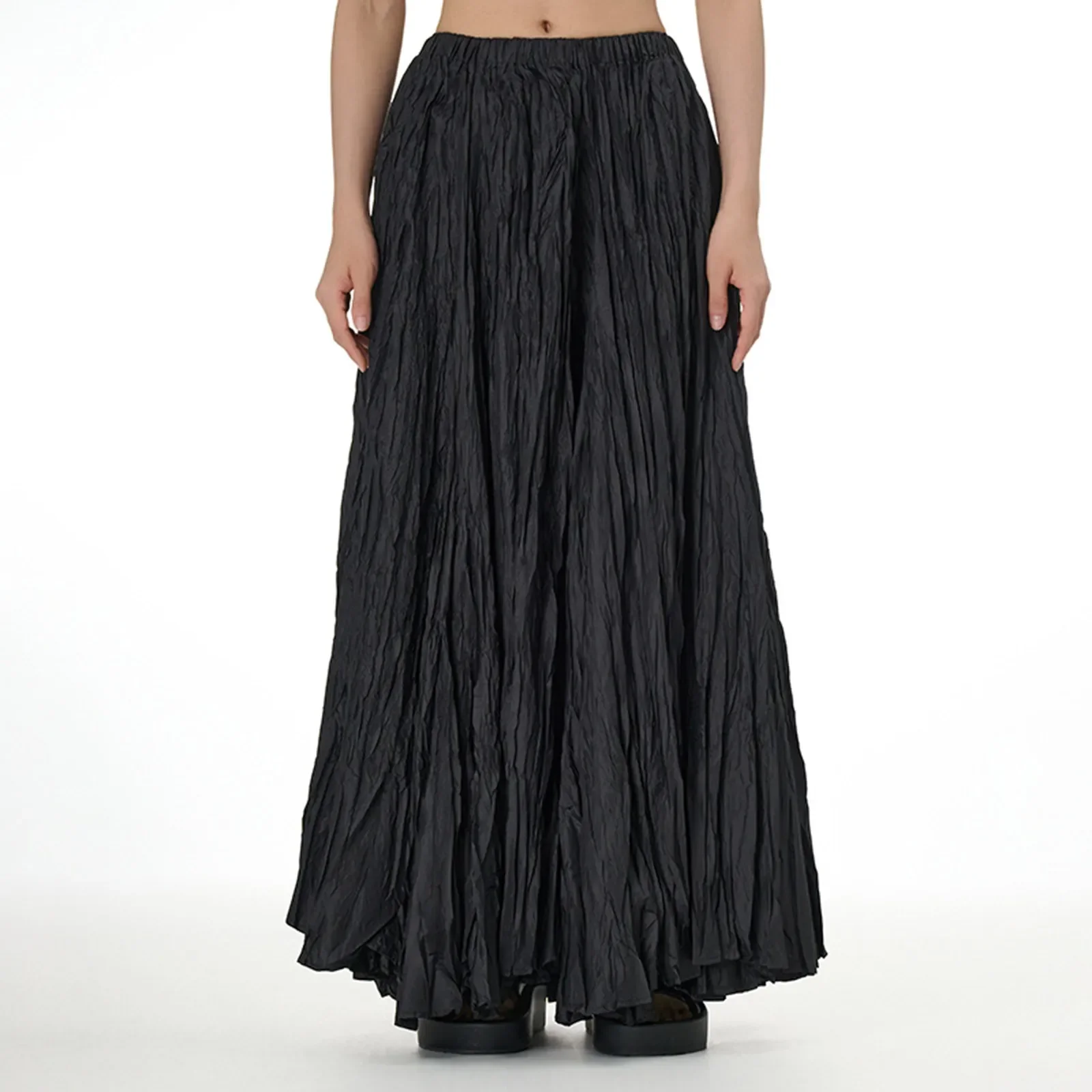 Casual Womens Solid A-Line Long Skirt Tulle Women Elegant Drape Crumpled Skirts High Waist Pleated Skirts Female Streetwear