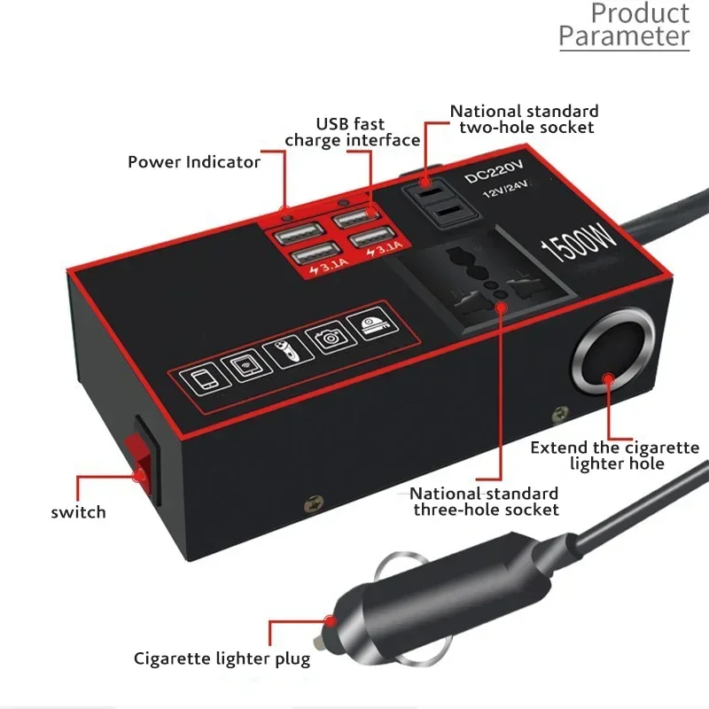 1500W DC 12V/24V To AC 220V Portable USB Car Power Inverter Adapter Car Universal Socket With 4 USB Ports Charger Fast Charging