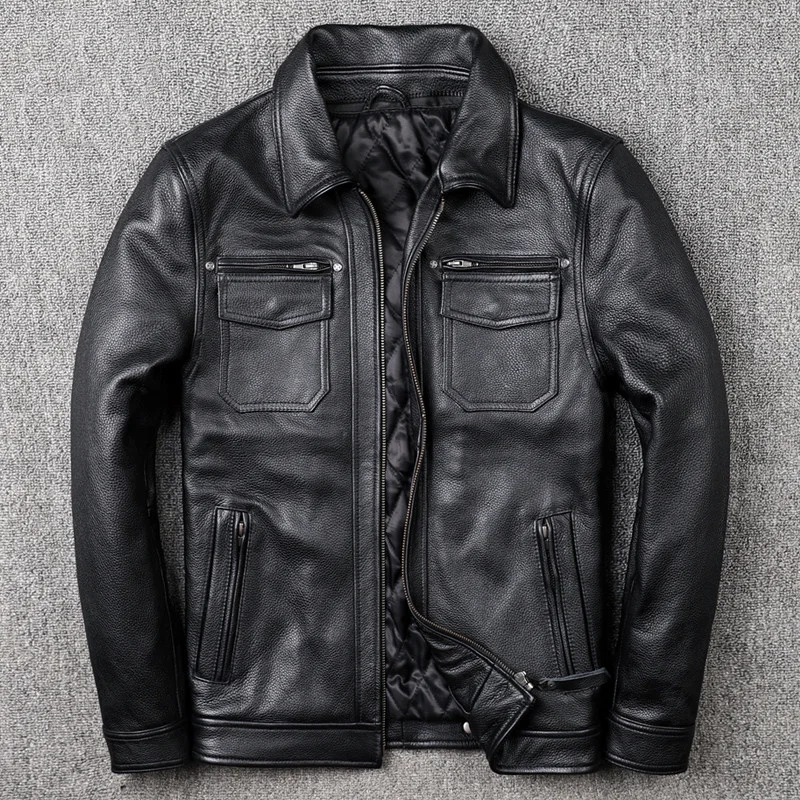 2024 Black Hood Motorcycle Style Genuine Leather Jacket Men Plus Size 5XL Real Natural Cowhide Autumn Slim Fit Biker Coat