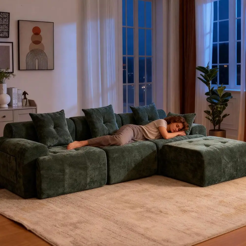 Зеленый 3-местный секционный диван L-образной формы с подвижным пуфиком, тканой обивкой, сборка не требуется