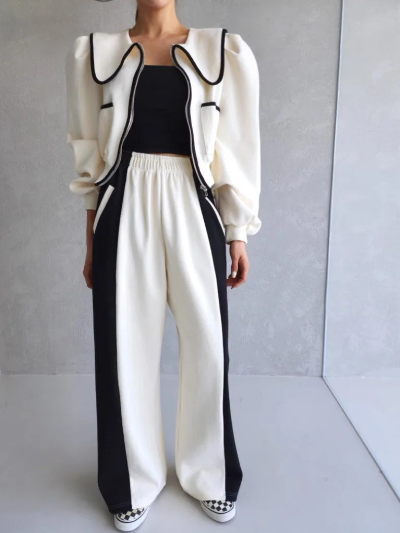 Faionable Double ket ort Felpa Jaet Set di pantaloni casual a gamba dritta invernale da donna a vita alta