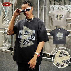 ZODF 2024 Summer Men 250gsm Washed T-Shirts Unisex Women Retro Loose Letters Printing Cotton T Shirt Tees Brand Clothes HY0846