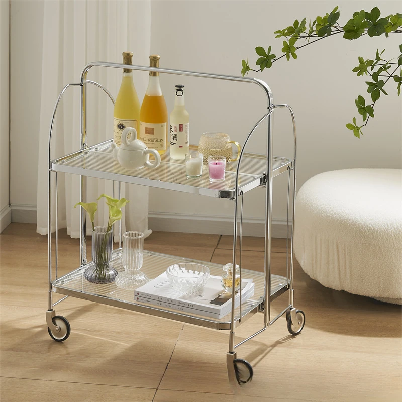 Foldable mobile cart with multi-layer glass shelves for storing stainless steel mesh red dining cart designer furniture