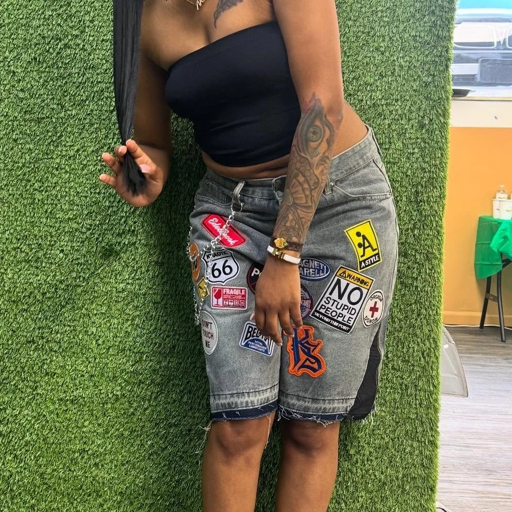 Harajuku Hip Hop Cartoon Denim Shorts Women Embroidery Patchwork Baggy Short American 2000s Y2k Jeans Low Waist Sports Shorts