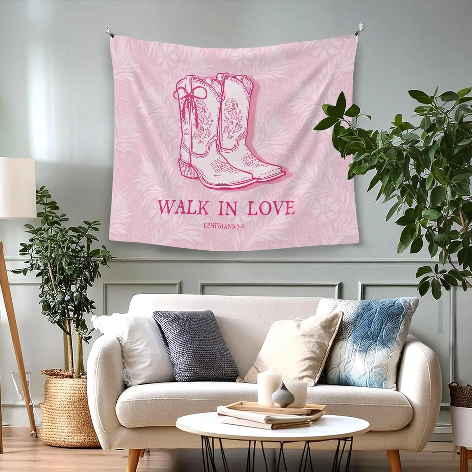 Christian Wall Tapestry - Pink Cowboy Boots Decor, Walk In Love Bible Verse, Faith Room Hanging, Bedroom Dorm, Multiple Sizes