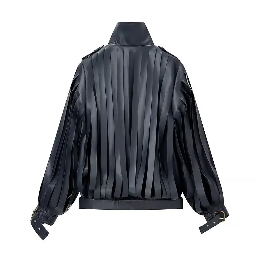 Winter new women's French motorcycle style turtleneck long-sleeved fringed decoration PU synthetic leather short jacket coat