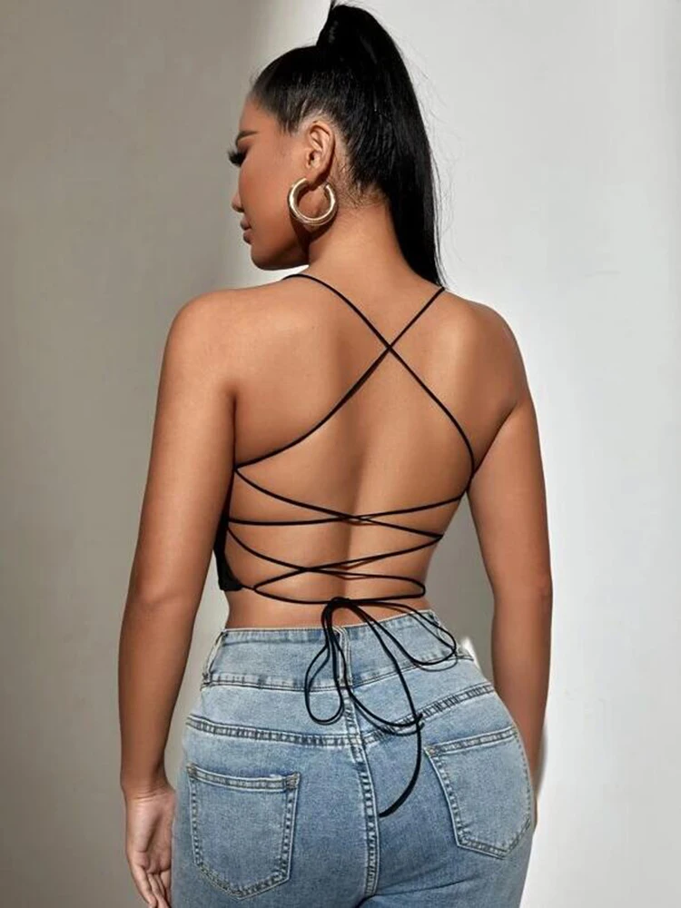 2022 Summer New SXY Backless Lace Up Crop Cami Top