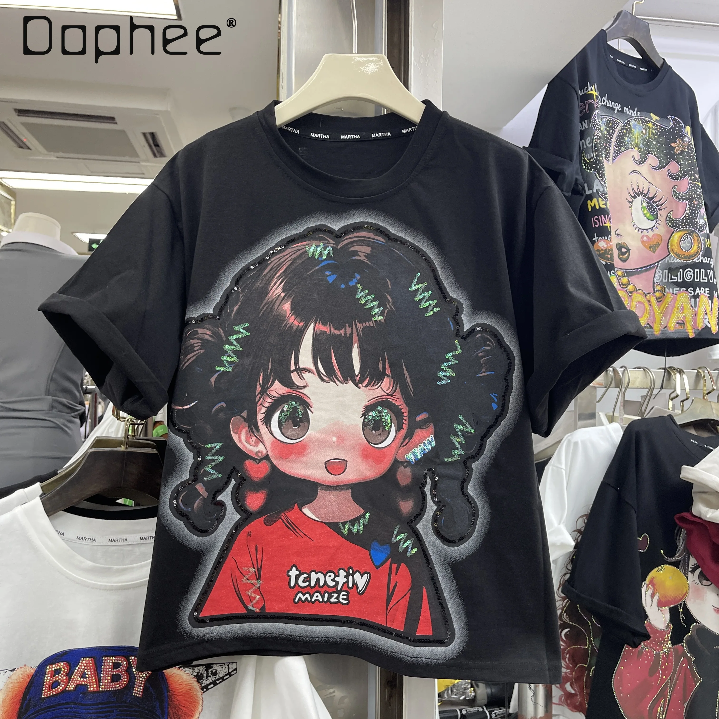 

American Retro Rhinestone Little Girl Short Sleeve T-Shirt Fashion Trend Loose Casual Top T Shirt Women Kawaii Clothes