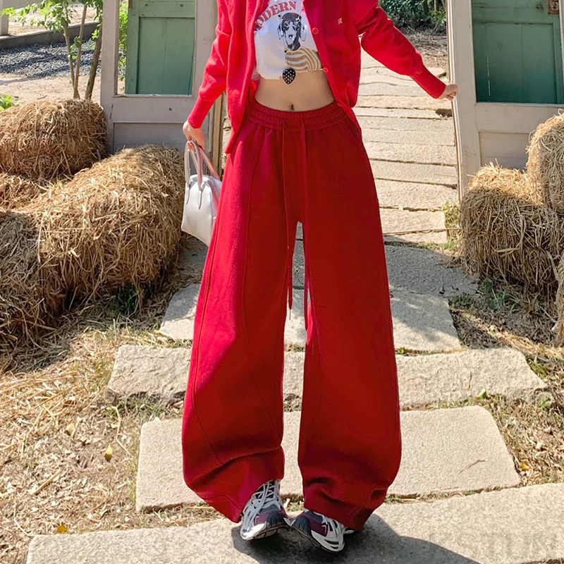 KSTUN 2026 Spring American Vintage Women High Waist Loose Wide Leg Pants Elastic Waist Drawstring Casual Versatile Red Trousers