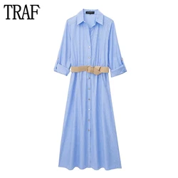 TRAF Blue Striped Shirt Dress Woman Belt Button Midi Dresses for Women Long Sleeve Office Female Dress Summer Long Dress Women