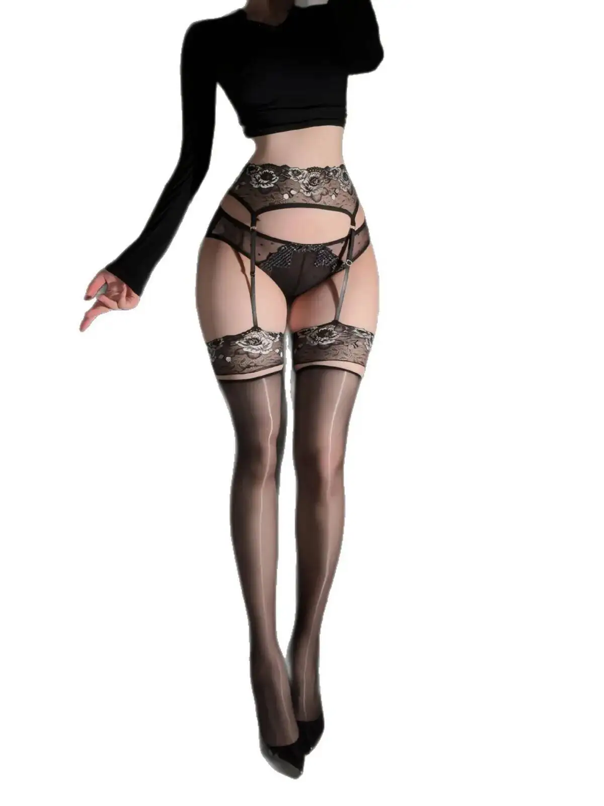 أورورا روز الساق الدائري الرباط جوارب مثير جوارب لامعة فوق الركبة كتلة اللون الرباط الحرير الأسود F5HR