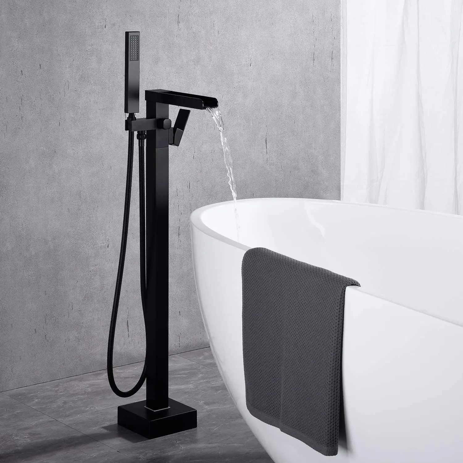 

Brass Waterfall Tub Filler Freestanding Bathtub Faucet Black Floor Mount Brass Single Handle Bathroom Faucets with Hand Shower