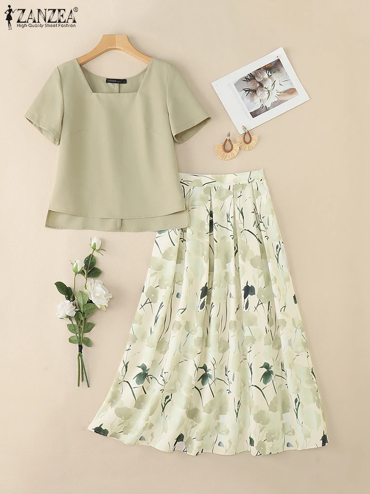 

ZANZEA Женские комплекты из 2 предметов для отпуска Элегантные блузки с квадратным вырезом и короткими рукавами и длинные юбки с цветочным принтом Комплекты юбок из 2 предметов Повседневные костюмы